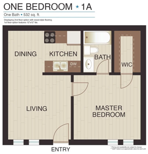One Bedroom Plan 1A - 532 Sq. Ft.*