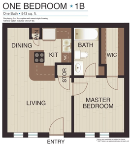 One Bedroom - Plan 1B - 543 Sq. Ft.*