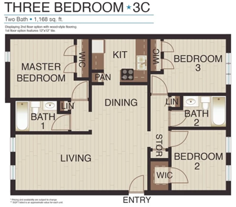 Three Bedroom / Two Bath - Plan C - 1,168 Sq. Ft.*
